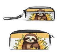 Pencil Case Waterproof Leather Pencil Pouch Cartoon Sloth Sitting on Sunflower Multi-purpose Aesthetic Makeup Bag Cute Pen Bag Large Cosmetic Bag for Office Stationery, Travel