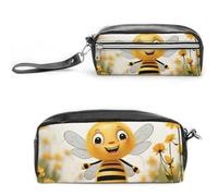 Pencil Case Waterproof Leather Pencil Pouch Cute Bees Daisy Flower Multi-purpose Aesthetic Makeup Bag Cute Pen Bag Large Cosmetic Bag for Office Stationery, Travel