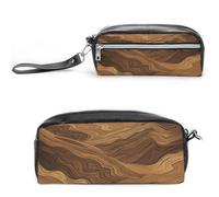 Pencil Case Waterproof Leather Pencil Pouch Dark Brown Stripes Multi-purpose Aesthetic Makeup Bag Cute Pen Bag Large Cosmetic Bag for Office Stationery, Travel