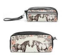 Pencil Case Waterproof Leather Pencil Pouch Flowers And Horses Hand Drawn Multi-purpose Aesthetic Makeup Bag Cute Pen Bag Large Cosmetic Bag for Office Stationery, Travel