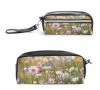 Pencil Case Waterproof Leather Pencil Pouch Flowers in The Field Multi-purpose Aesthetic Makeup Bag Cute Pen Bag Large Cosmetic Bag for Office Stationery, Travel