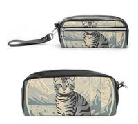 Pencil Case Waterproof Leather Pencil Pouch Gray Tabby Cat Multi-purpose Aesthetic Makeup Bag Cute Pen Bag Large Cosmetic Bag for Office Stationery, Travel