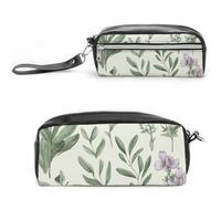 Pencil Case Waterproof Leather Pencil Pouch Green Flower Herb Sage Leaves And Branches Multi-purpose Aesthetic Makeup Bag Cute Pen Bag Large Cosmetic Bag for Office Stationery, Travel