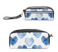 Pencil Case Waterproof Leather Pencil Pouch Hand Drawn Blue Heart Multi-purpose Aesthetic Makeup Bag Cute Pen Bag Large Cosmetic Bag for Office Stationery, Travel