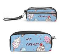 Pencil Case Waterproof Leather Pencil Pouch Ice Cream Hand Drawn Multi-purpose Aesthetic Makeup Bag Cute Pen Bag Large Cosmetic Bag for Office Stationery, Travel