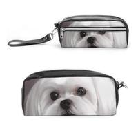 Pencil Case Waterproof Leather Pencil Pouch Lovely Maltese Dog Multi-purpose Aesthetic Makeup Bag Cute Pen Bag Large Cosmetic Bag for Office Stationery, Travel
