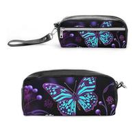 Pencil Case Waterproof Leather Pencil Pouch Purple Butterfly And Flowers Multi-purpose Aesthetic Makeup Bag Cute Pen Bag Large Cosmetic Bag for Office Stationery, Travel