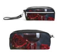 Pencil Case Waterproof Leather Pencil Pouch Red Wine Rose And Candle Multi-purpose Aesthetic Makeup Bag Cute Pen Bag Large Cosmetic Bag for Office Stationery, Travel