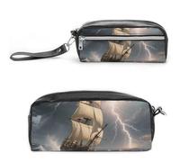 Pencil Case Waterproof Leather Pencil Pouch Sailing Ship in Stormy Sea Multi-purpose Aesthetic Makeup Bag Cute Pen Bag Large Cosmetic Bag for Office Stationery, Travel