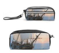 Pencil Case Waterproof Leather Pencil Pouch Sailing Ship Multi-purpose Aesthetic Makeup Bag Cute Pen Bag Large Cosmetic Bag for Office Stationery, Travel