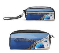 Pencil Case Waterproof Leather Pencil Pouch Santorini Greek Island Sea View Multi-purpose Aesthetic Makeup Bag Cute Pen Bag Large Cosmetic Bag for Office Stationery, Travel
