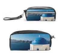 Pencil Case Waterproof Leather Pencil Pouch Santorini Greek Island Sea View Multi-purpose Aesthetic Makeup Bag Cute Pen Bag Large Cosmetic Bag for Office Stationery, Travel