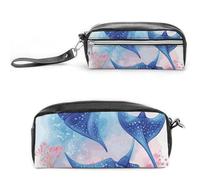 Pencil Case Waterproof Leather Pencil Pouch Sea Animals Stingrays Multi-purpose Aesthetic Makeup Bag Cute Pen Bag Large Cosmetic Bag for Office Stationery, Travel