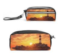 Pencil Case Waterproof Leather Pencil Pouch Sea Lighthouse in Sunset Multi-purpose Aesthetic Makeup Bag Cute Pen Bag Large Cosmetic Bag for Office Stationery, Travel