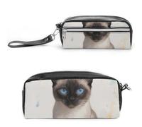 Pencil Case Waterproof Leather Pencil Pouch Siamese Cat Art Multi-purpose Aesthetic Makeup Bag Cute Pen Bag Large Cosmetic Bag for Office Stationery, Travel