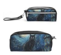 Pencil Case Waterproof Leather Pencil Pouch Sitting A Black Cat Multi-purpose Aesthetic Makeup Bag Cute Pen Bag Large Cosmetic Bag for Office Stationery, Travel