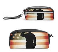 Pencil Case Waterproof Leather Pencil Pouch Soldier Saluting America Flag Multi-purpose Aesthetic Makeup Bag Cute Pen Bag Large Cosmetic Bag for Office Stationery, Travel