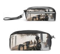 Pencil Case Waterproof Leather Pencil Pouch Steam Train Multi-purpose Aesthetic Makeup Bag Cute Pen Bag Large Cosmetic Bag for Office Stationery, Travel