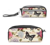 Pencil Case Waterproof Leather Pencil Pouch Striped Flower Butterfly Multi-purpose Aesthetic Makeup Bag Cute Pen Bag Large Cosmetic Bag for Office Stationery, Travel