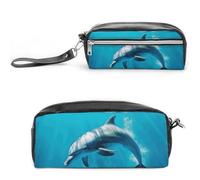 Pencil Case Waterproof Leather Pencil Pouch Swimming Dolphin in Blue Sea Multi-purpose Aesthetic Makeup Bag Cute Pen Bag Large Cosmetic Bag for Office Stationery, Travel