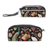 Pencil Case Waterproof Leather Pencil Pouch Vintage Fruit & Bird Print Multi-purpose Aesthetic Makeup Bag Cute Pen Bag Large Cosmetic Bag for Office Stationery, Travel