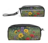 Pencil Case Waterproof Leather Pencil Pouch Wildflowers Floral Multi-purpose Aesthetic Makeup Bag Cute Pen Bag Large Cosmetic Bag for Office Stationery, Travel