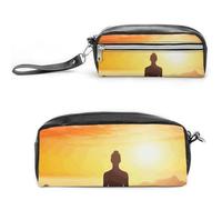 Pencil Case Waterproof Leather Pencil Pouch Yoga Meditation Multi-purpose Aesthetic Makeup Bag Cute Pen Bag Large Cosmetic Bag for Office Stationery, Travel