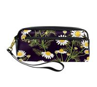 Pencil Case, Wild Chamomile with Green Leave Pen Bag Pouch PU Leather Stationery Pouch with Zipper for Boys Girls School & Office Supplies