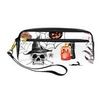 Pencil Case, Witch Hat Skull Creepy Hand Candle Pen Bag Pouch PU Leather Stationery Pouch with Zipper for Boys Girls School & Office Supplies
