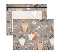 Pencil Case with 3 Reinforced Grommets 3 Hole Punch for A4 Paper Letter 2 Pack Teacher Class Cartoon Cute Somali Cats and Flower Gray