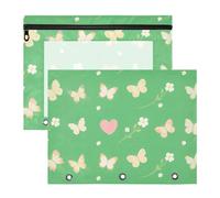 Pencil case with 3 reinforced grommets, pocket with 3 holes for A4 paper, 2 pieces, students, home, green butterfly, bliss
