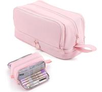 Pencil Case with 4 Compartments Large Capacity, Aesthetic Stationery Organiser with Handle Dual Opening Pen Bag for Girls Boys Kids Teens Students, for School College Office Travel Men Women - Pink