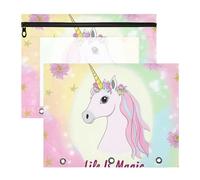 Pencil Case With Zipper 3 Rings Pocket for A4 Paper Letter 2 Pack Students Classroom Supplies Magical unicorns Pastel