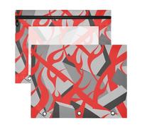 Pencil Case with Zipper 3 Rings Pocket for A4 Paper Letter 2 Pack Students School Supplies Abstract Art Fire Red Grey