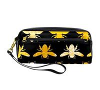Pencil Case, Yellow Bumble Bee on Black Pen Bag Pouch PU Leather Stationery Pouch with Zipper for Boys Girls School & Office Supplies