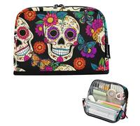 Pencil Case Zipper Pouch Large Pencil Storage Bag Cute Pen Marker Bag for Girls Art Pattern College High School Office Supplies Colorful Sugar Skulls Flowers Black
