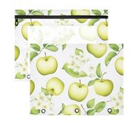 Pencil Cases 3-Holes Plastic File Folder for 3 Rings Binder 2 Pack Teacher Class Green Apples Fruit White
