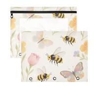 Pencil Cases Clear 3 Rings Pocket for A4 Paper Letter 2 Pack Teacher College Supplies Watercolor Flower Bees Pink Green