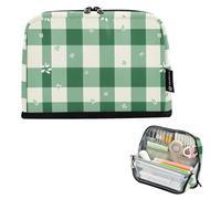 Pencil cases large capacity makeup bags with zipper articles pa pencil case for school supplies for teenagers Safari green white checkered leaf pattern