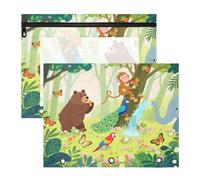 Pencil Cases Sturdy 3 Hole Pocket for A4 Paper Letter 2 Pack Students Class Safari Animal Monkey Bear estuche para lapices