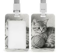 Pencil Cat Yarn Id Badge Holder with Breakaway Lanyard Abs Plastic Name Tag Holder Vertical Clear Front Window Push Slide Card Protector Gift for NurseTeacher Office Staff & Events