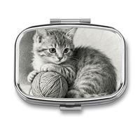 Pencil Cat Yarn pilldispenser with Mirror 2 Compartments Waterproof PillCase for Purse Pocket Non-Slip Grip Travel Medicine Organizer Container Box for Vitamin Fish Oil Supplement