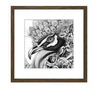 Pencil Drawing Peacock Portrait Study Black White Square Wooden Framed Wall Art Print Picture 8X8 Inch Artery8 Brown One Size