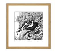 Pencil Drawing Peacock Portrait Study Black White Square Wooden Framed Wall Art Print Picture 8X8 Inch Artery8 Light Oak One Size