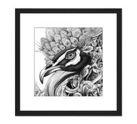 Pencil Drawing Peacock Portrait Study Black White Square Wooden Framed Wall Art Print Picture 8X8 Inch Artery8 Black One Size
