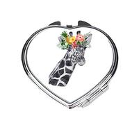 Pencil drawn animal portrait - flower crown giraffe compact pocket mirror - silver heart shape