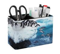 Pencil Holder for Desk, Penguin Group Into Ocean Pen Holder Storage Desktop Pen Organizer Desk Pencil Organizer Makeup Brush Holder for Office School College Leather