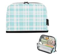 Pencil Holder Large Capacity Cosmetic Bag Multi-Slot Stationery Organizer for Adults Kindergarten Turquoise White Gingham Pattern