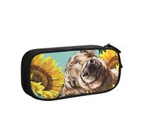 Pencil Pen Case Cow With Sunflowers In Blue Print Large Capacity Pencil Box Bag Double Zipper Pencil Cases Organizer For Office College School Adult Teen Girl Boy, Black, One Size, Big Capacity