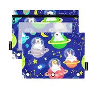 Pencil Pouch 3 Ring Binder Cute Animals Planet Blue Zipper Binder Pencils Bags Painting School Binders Clear Pockets Soft 9.8" x 7.1", 2 Packs